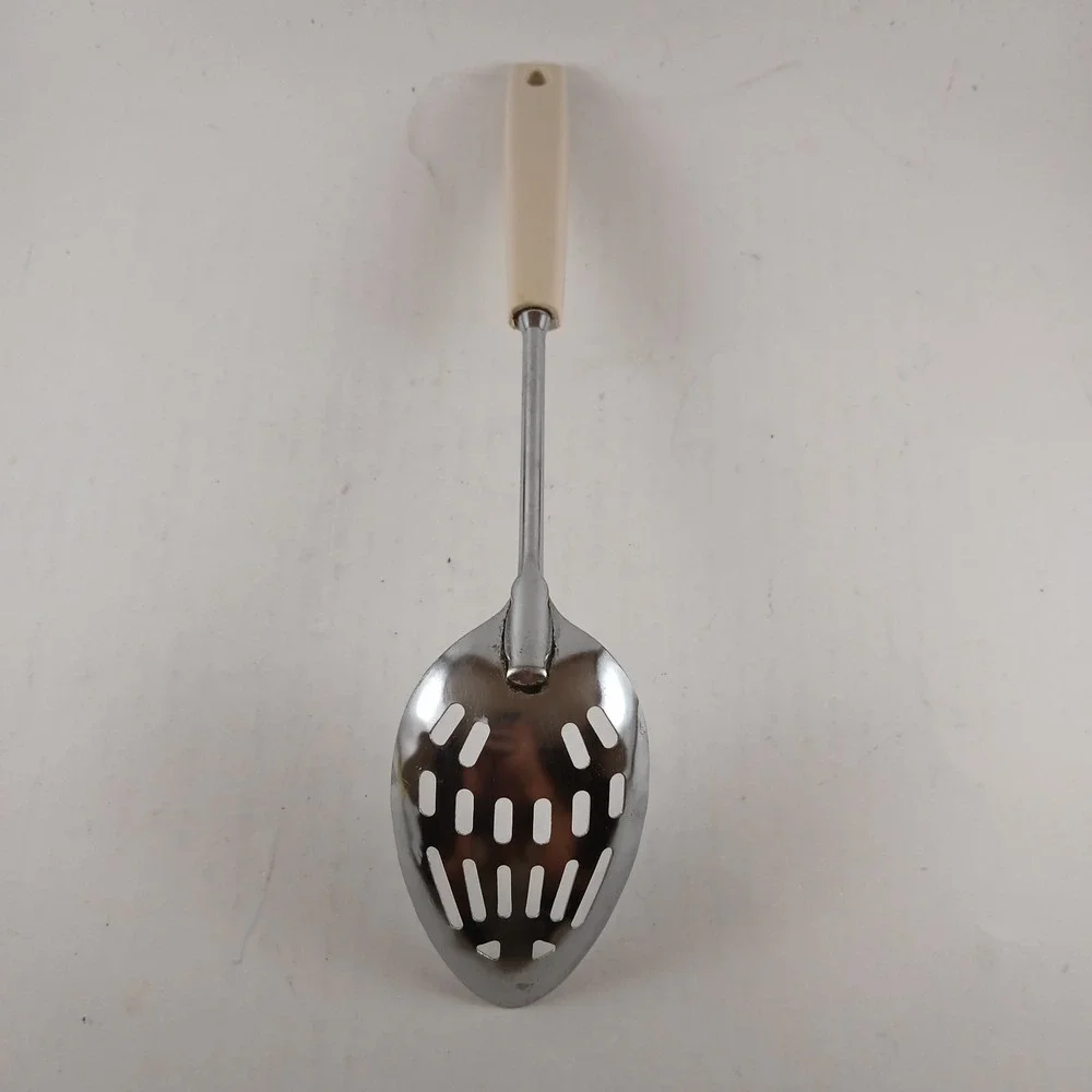 Vintage Ekco Slotted‎ Serving Spoon Stainless Steel Beige Plastic Handle